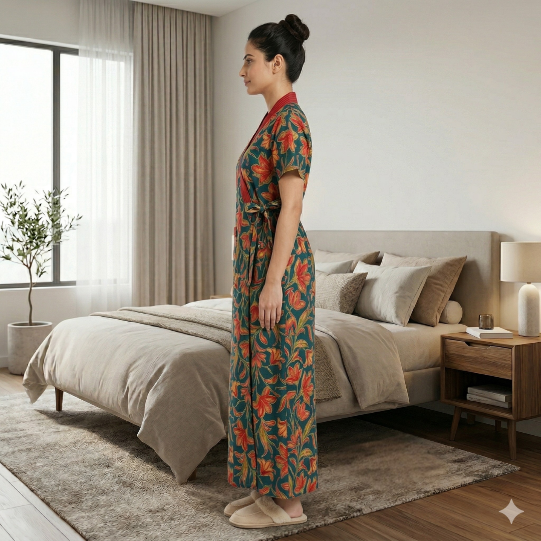 Pure Cotton Green Heliconia Housecoat