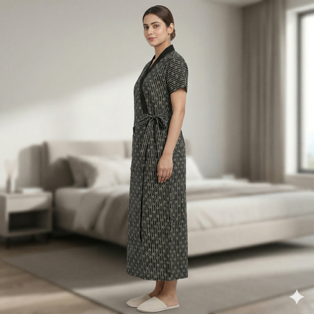 Pure Cotton Black Heliconia Housecoat