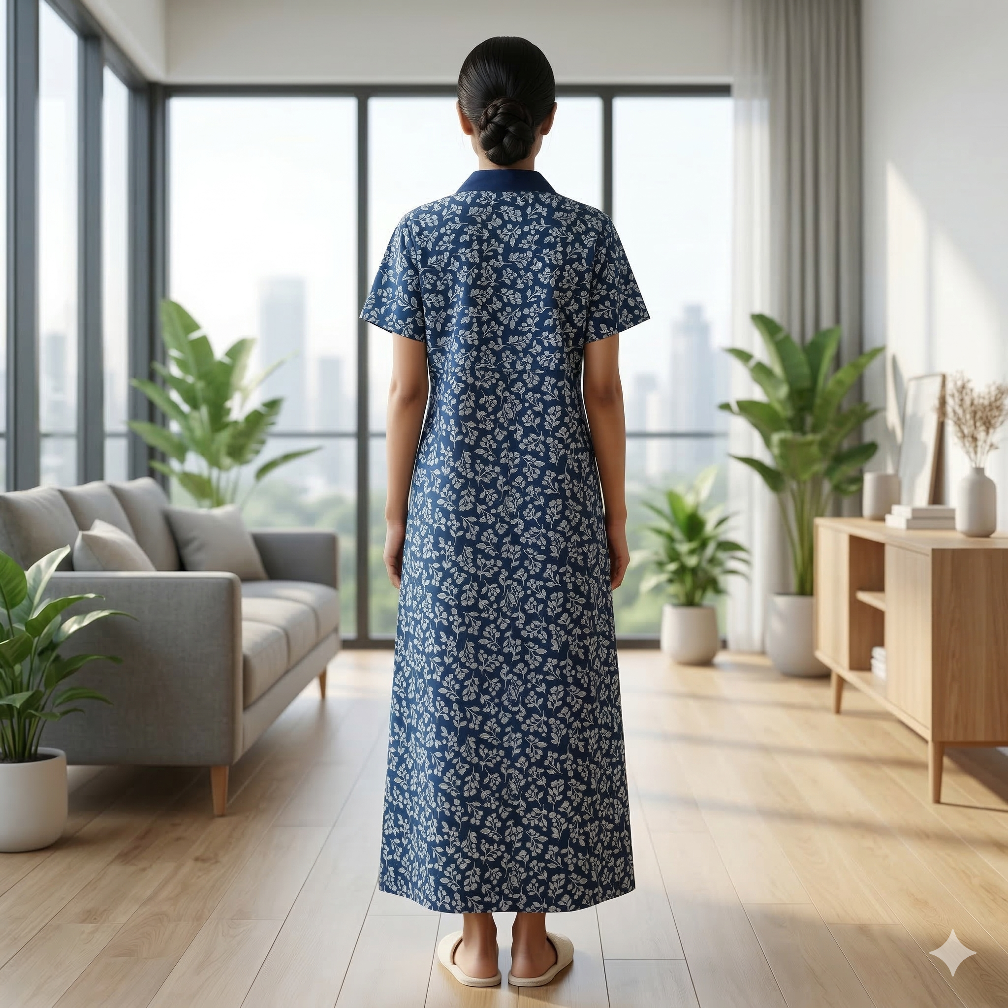 Pure Cotton Navy Blue Tulip Housecoat
