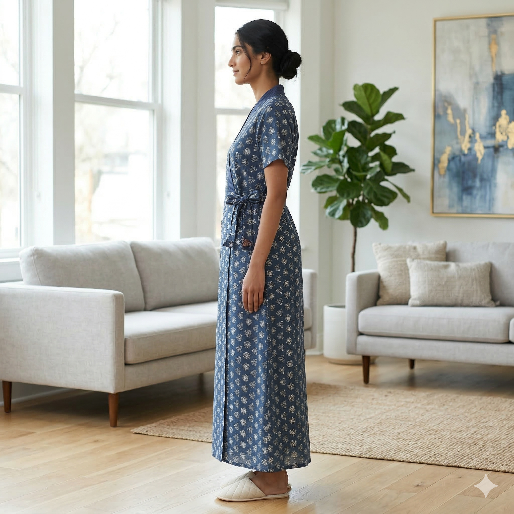 Pure Cotton Dark Blue Tulip Housecoat