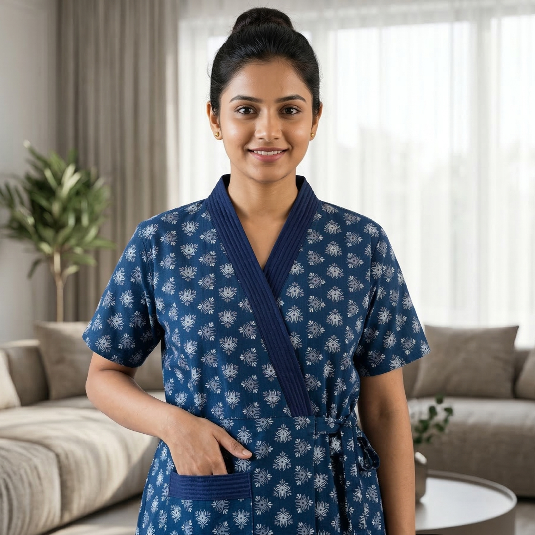 Pure Cotton Dark Blue Tulip Housecoat