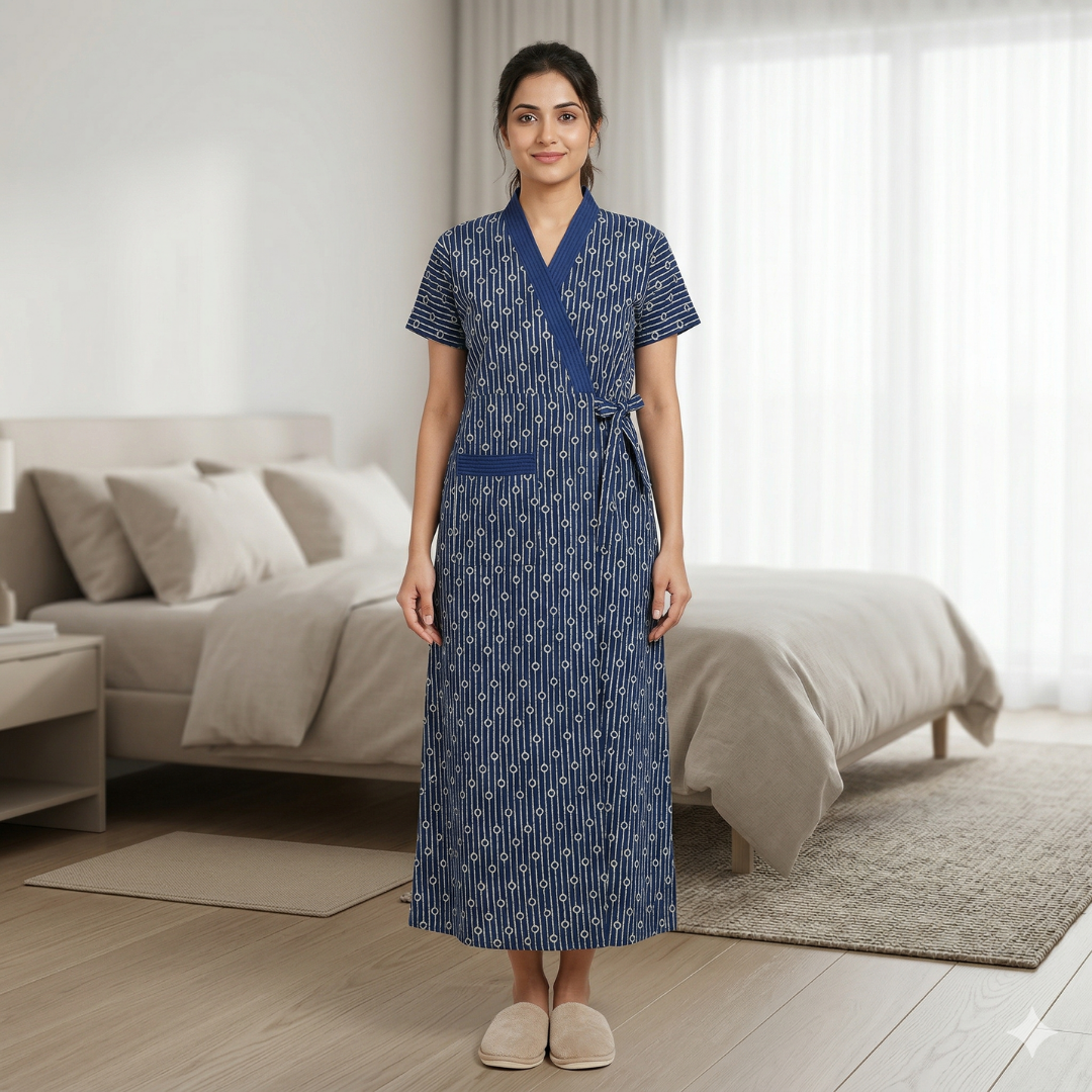 Pure Cotton Navy Blue Heliconia Housecoat