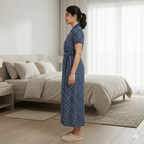 Pure Cotton Navy Blue Heliconia Housecoat