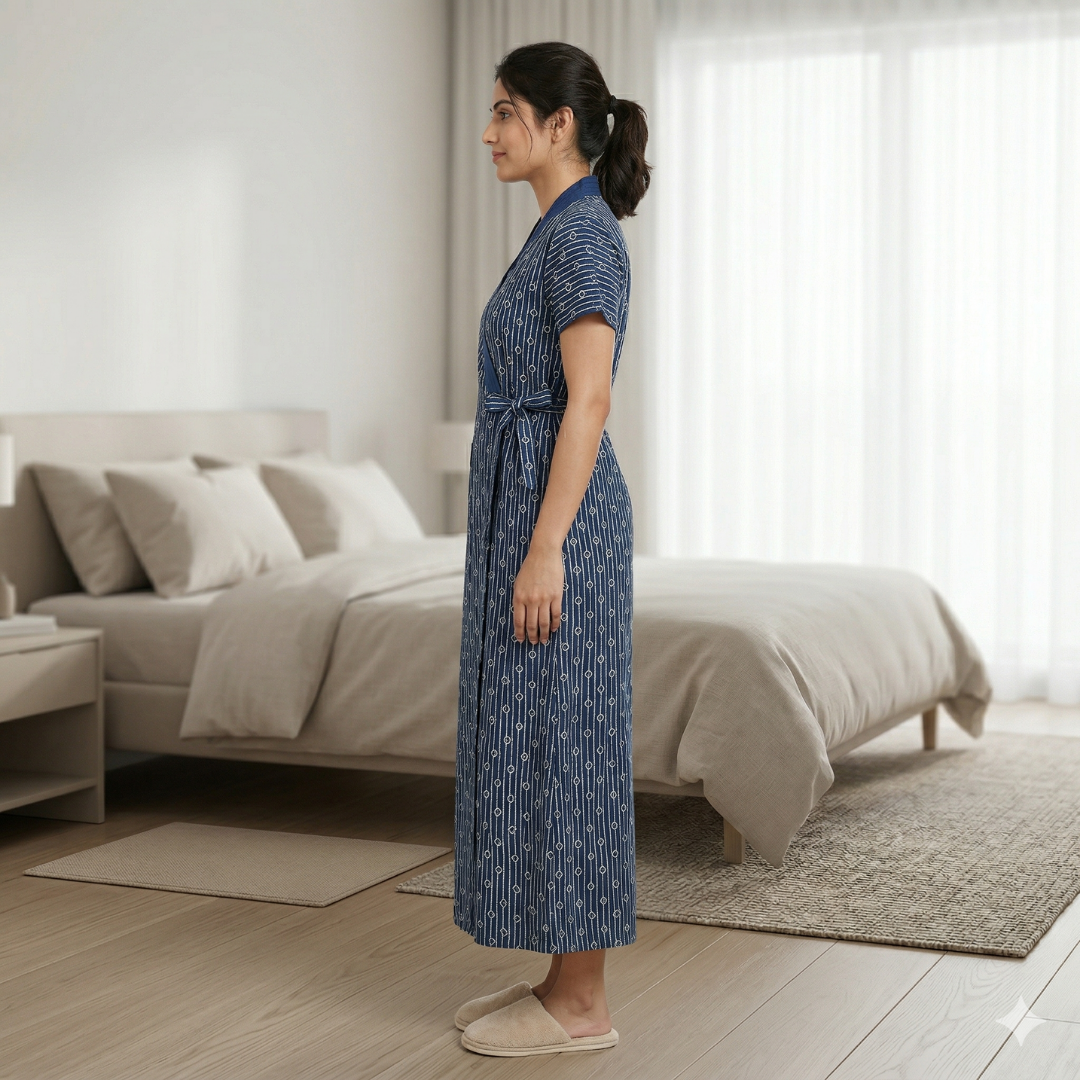 Pure Cotton Navy Blue Heliconia Housecoat