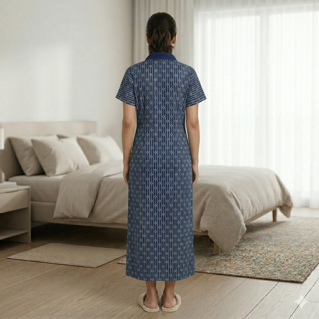 Pure Cotton Navy Blue Heliconia Housecoat