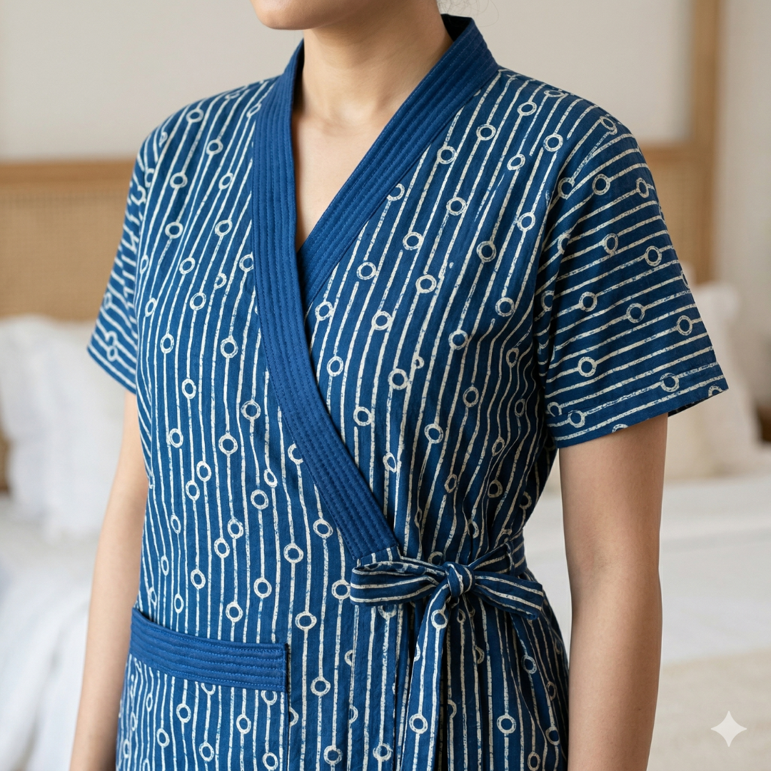 Pure Cotton Navy Blue Heliconia Housecoat
