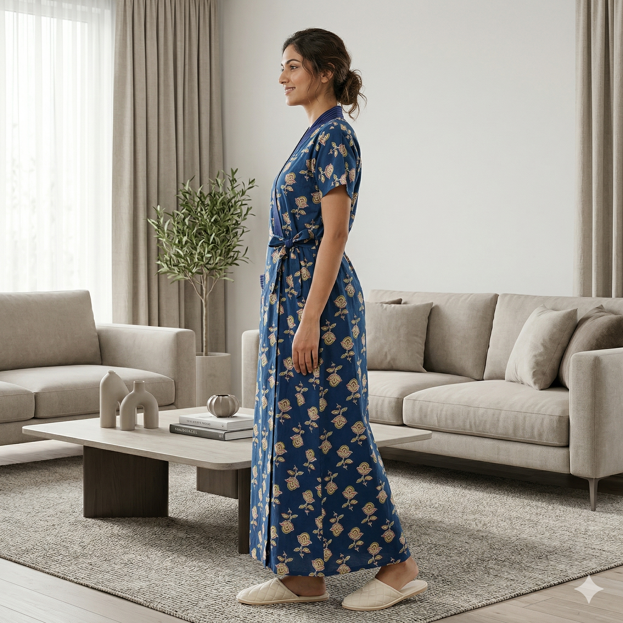 Pure Cotton Navy Blue Pansy Housecoat