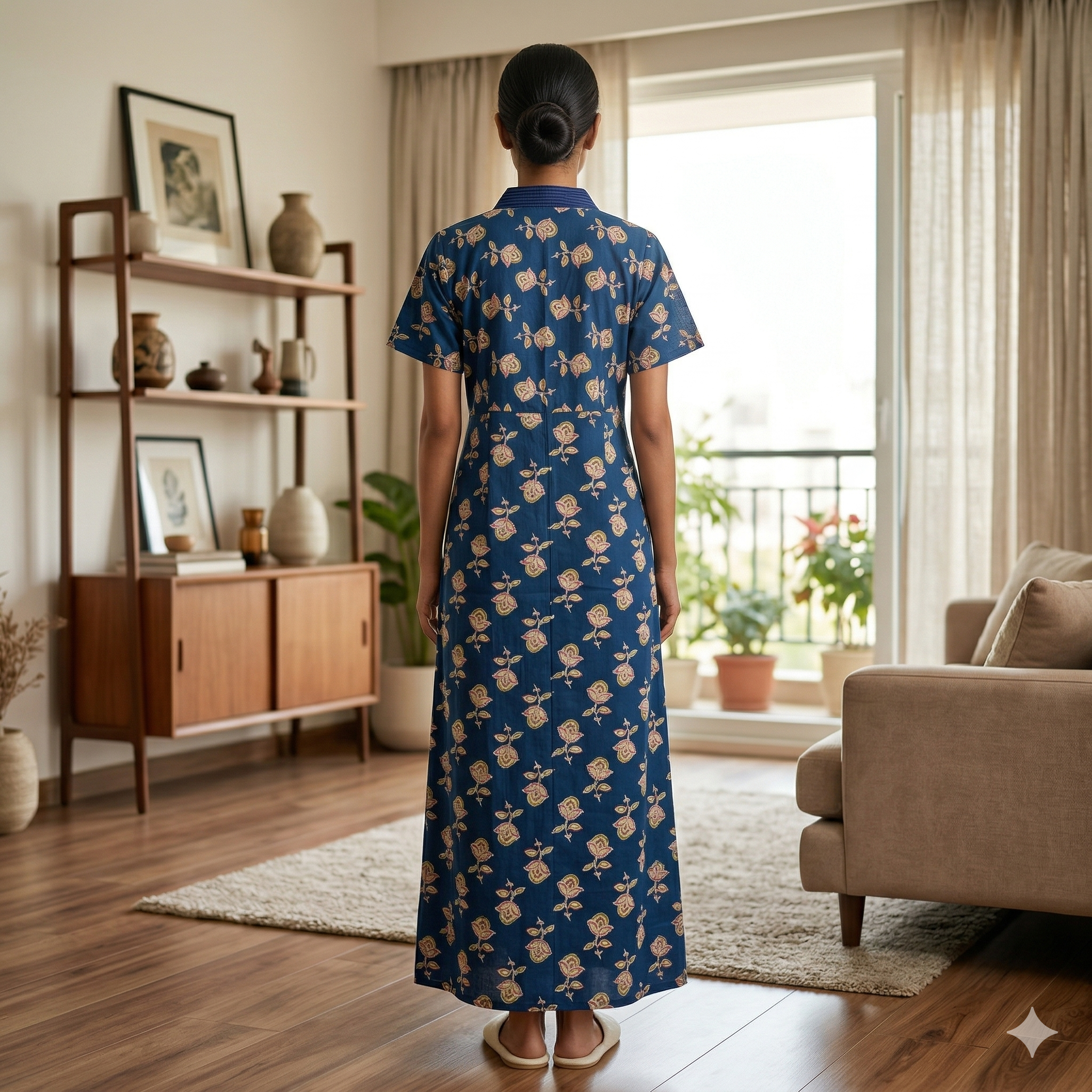 Pure Cotton Navy Blue Pansy Housecoat