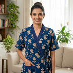 Pure Cotton Navy Blue Pansy Housecoat