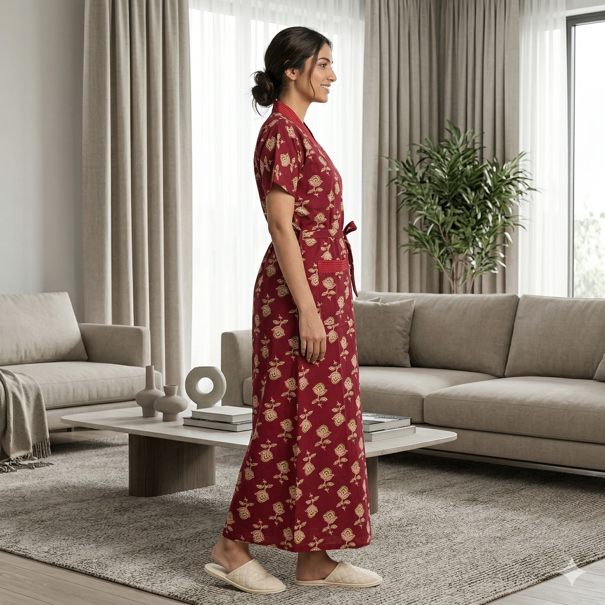 Pure Cotton Maroon Pansy Housecoat
