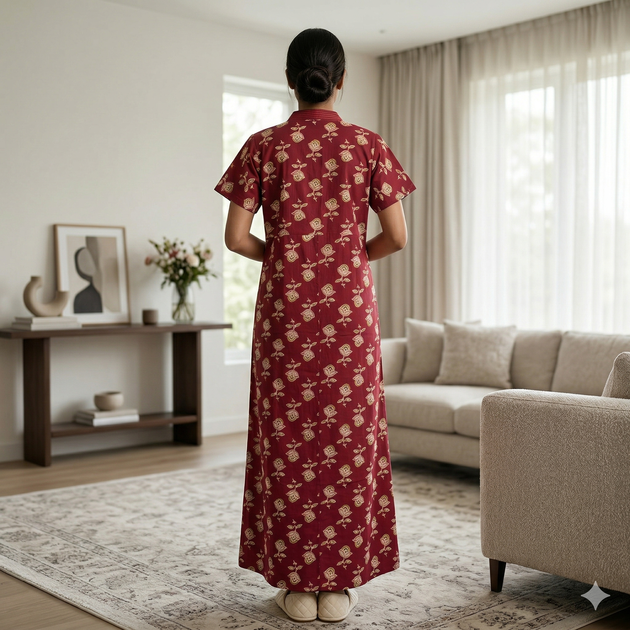 Pure Cotton Maroon Pansy Housecoat