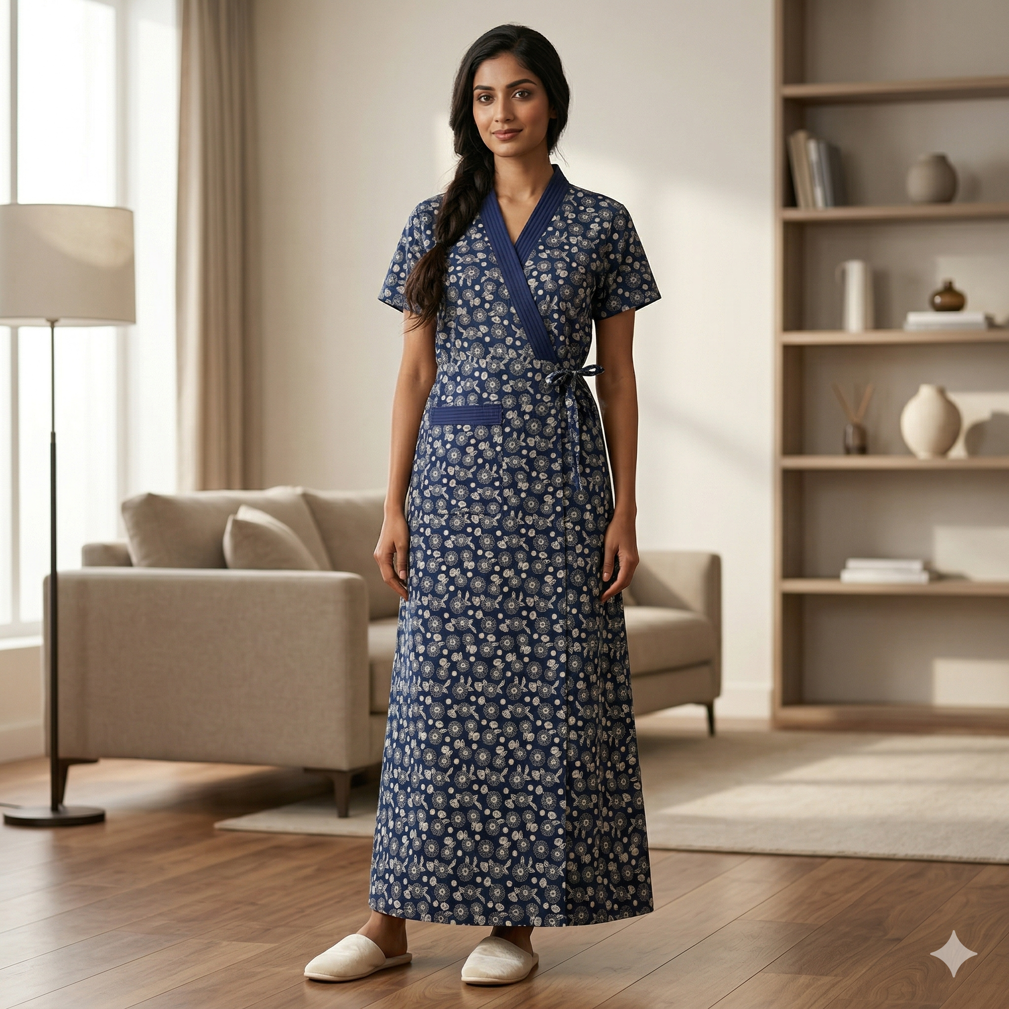 Pure Cotton Indigo Blue Pansy Housecoat