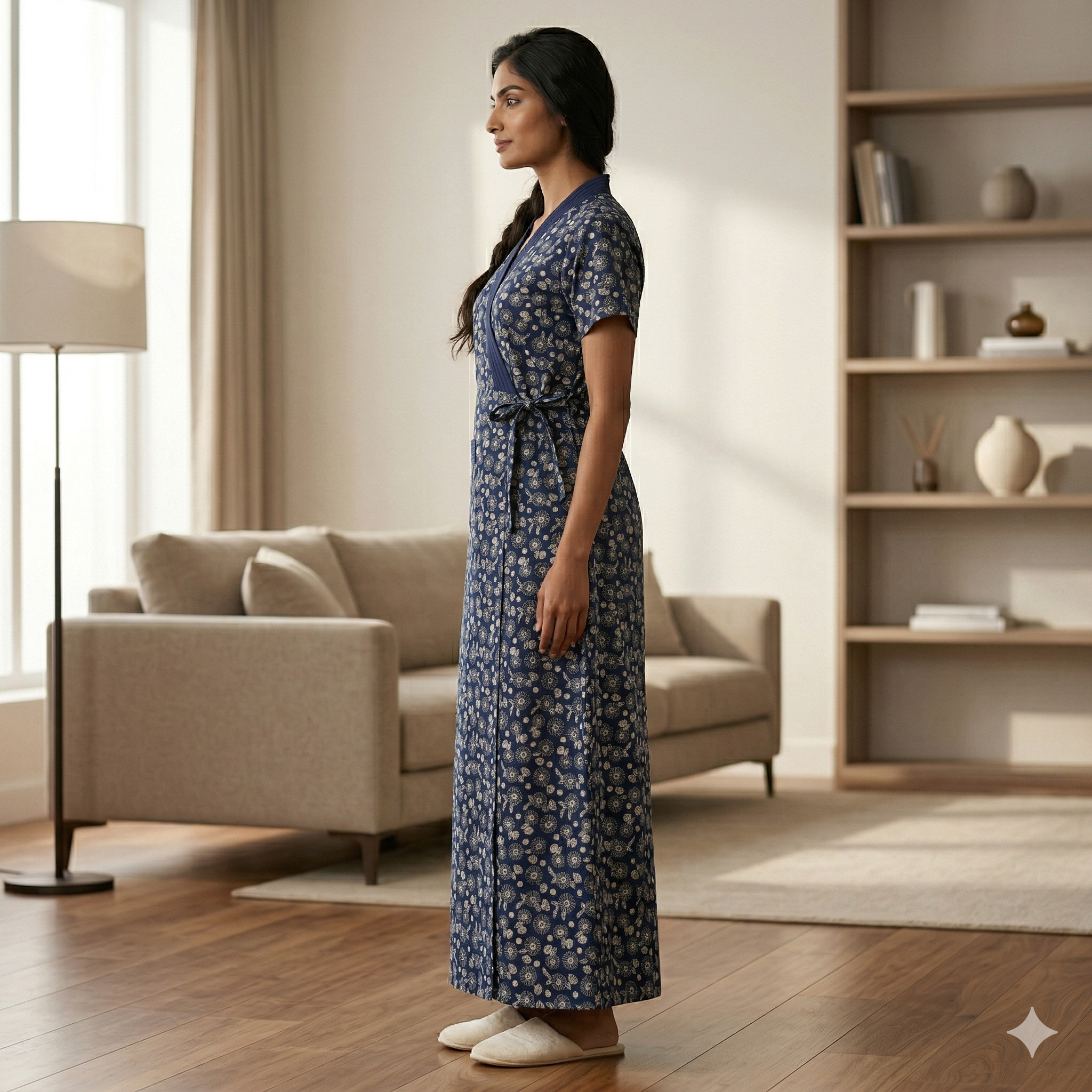 Pure Cotton Indigo Blue Pansy Housecoat