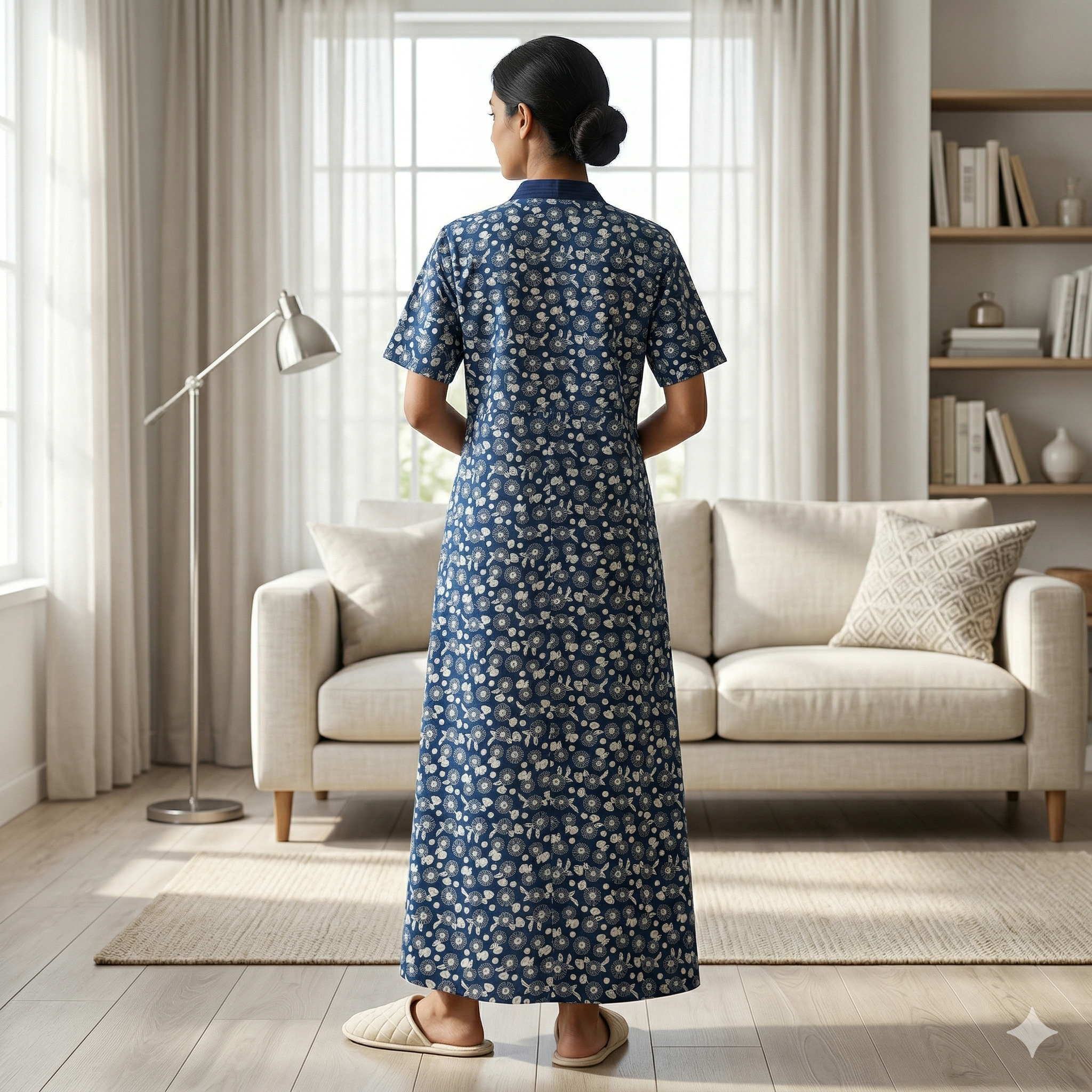 Pure Cotton Indigo Blue Pansy Housecoat