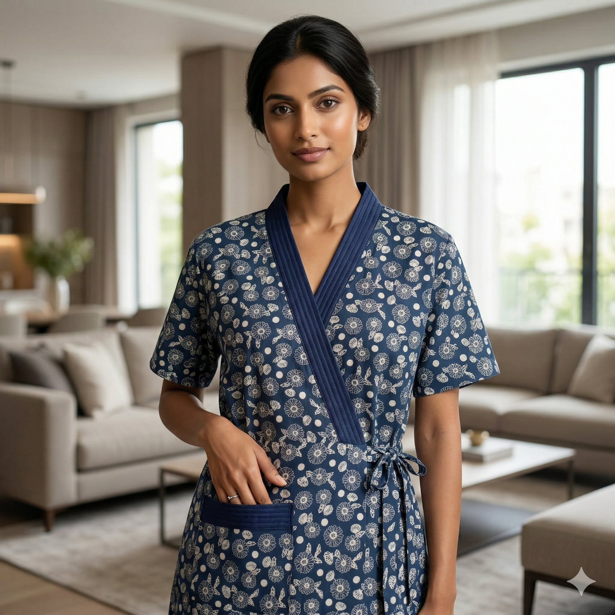 Pure Cotton Indigo Blue Pansy Housecoat