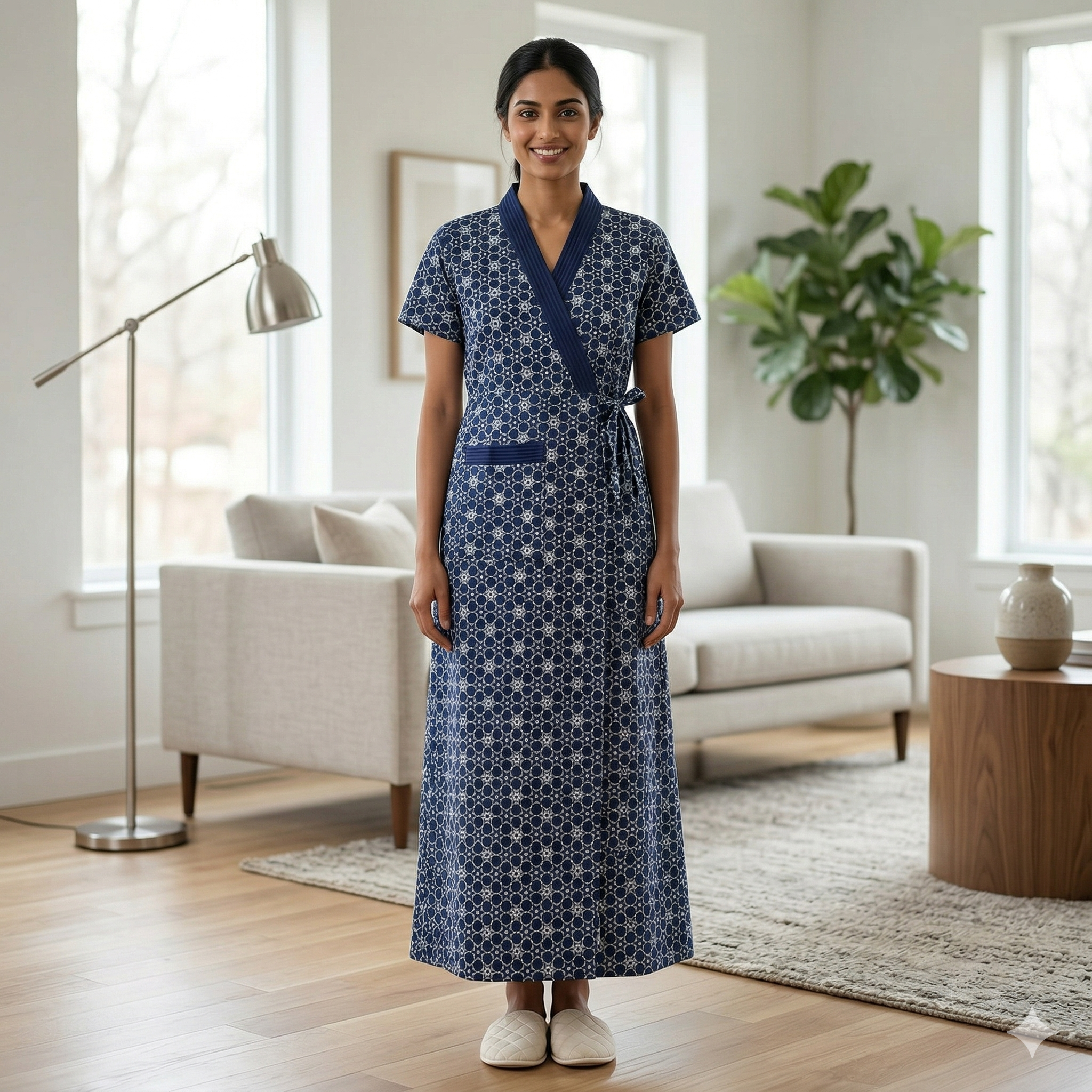 Pure Cotton lapis Blue Pansy Housecoat