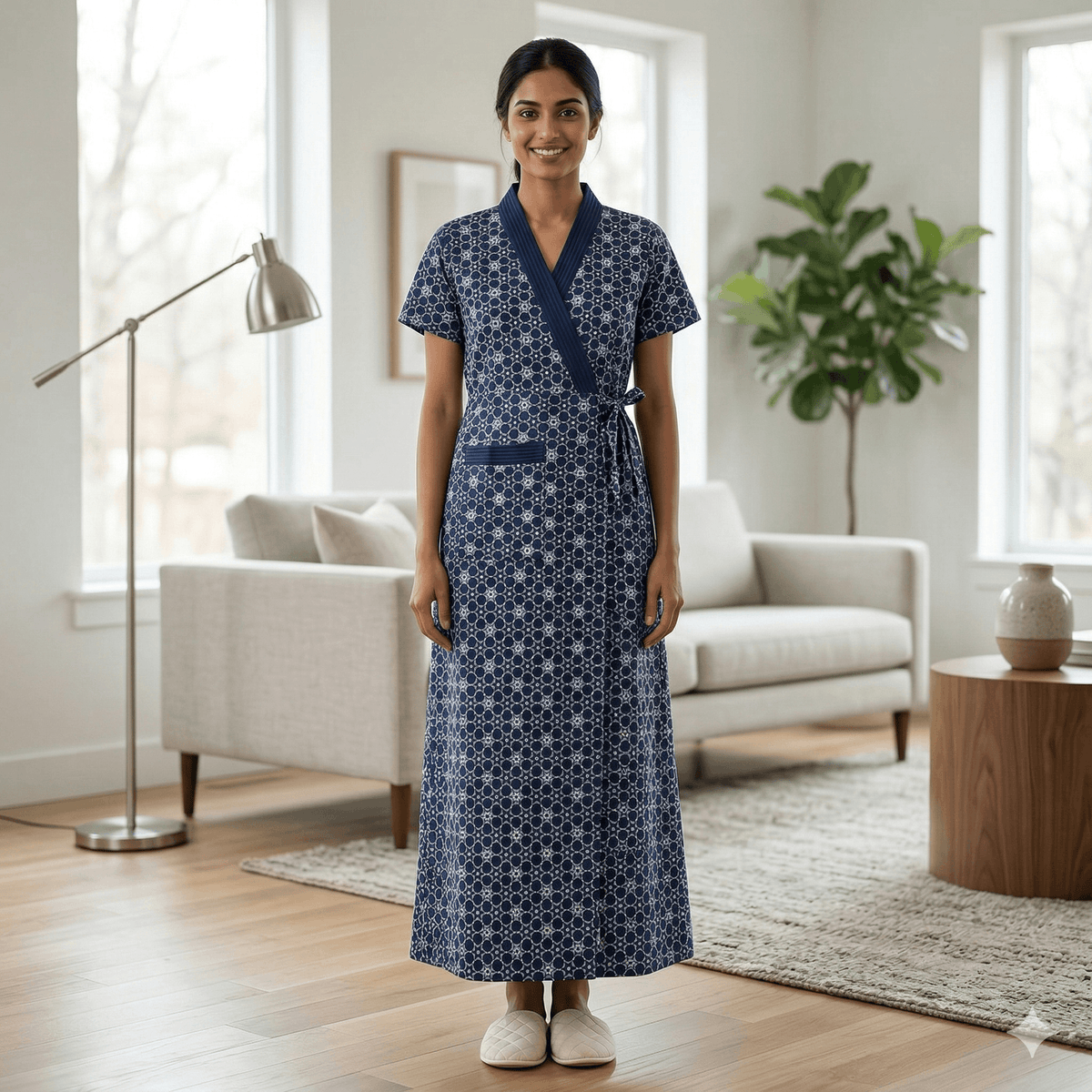 Pure Cotton lapis Blue Pansy Housecoat
