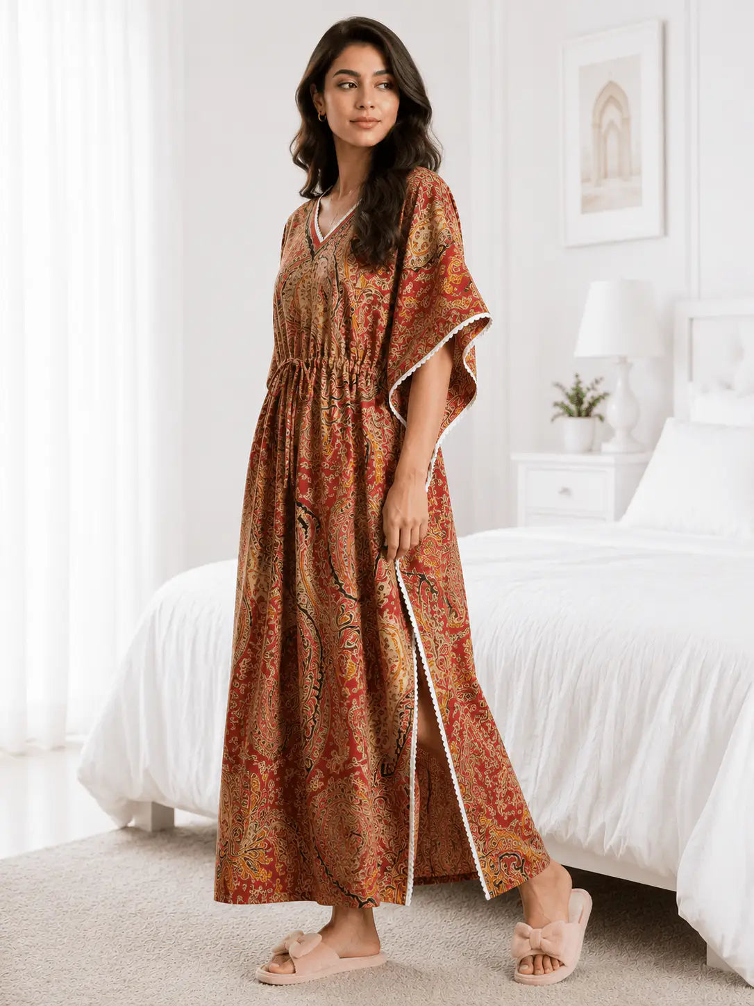 Pure Cotton Red Daisy Kaftan Nighty