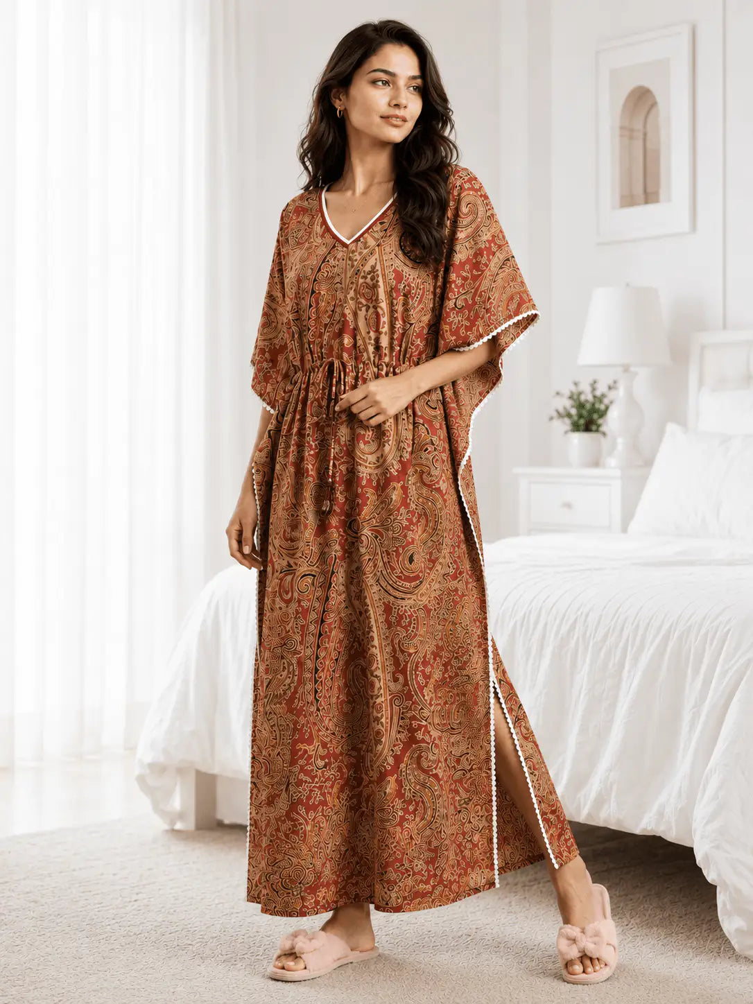 Pure Cotton Red Daisy Kaftan Nighty