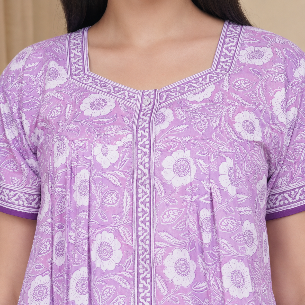 Pure Cotton Light Purple Carnation Full Front Open Nighty