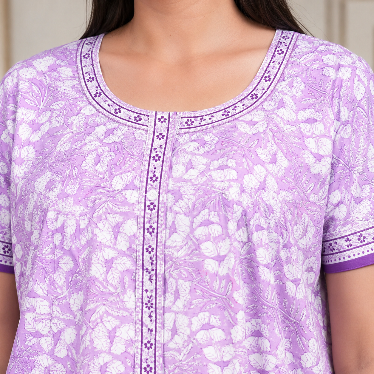 Pure Cotton Purple Carnation Full Front Open Nighty