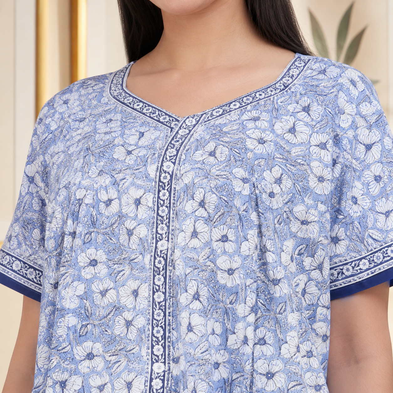 Pure Cotton Blue Carnation Full Front Open Nighty