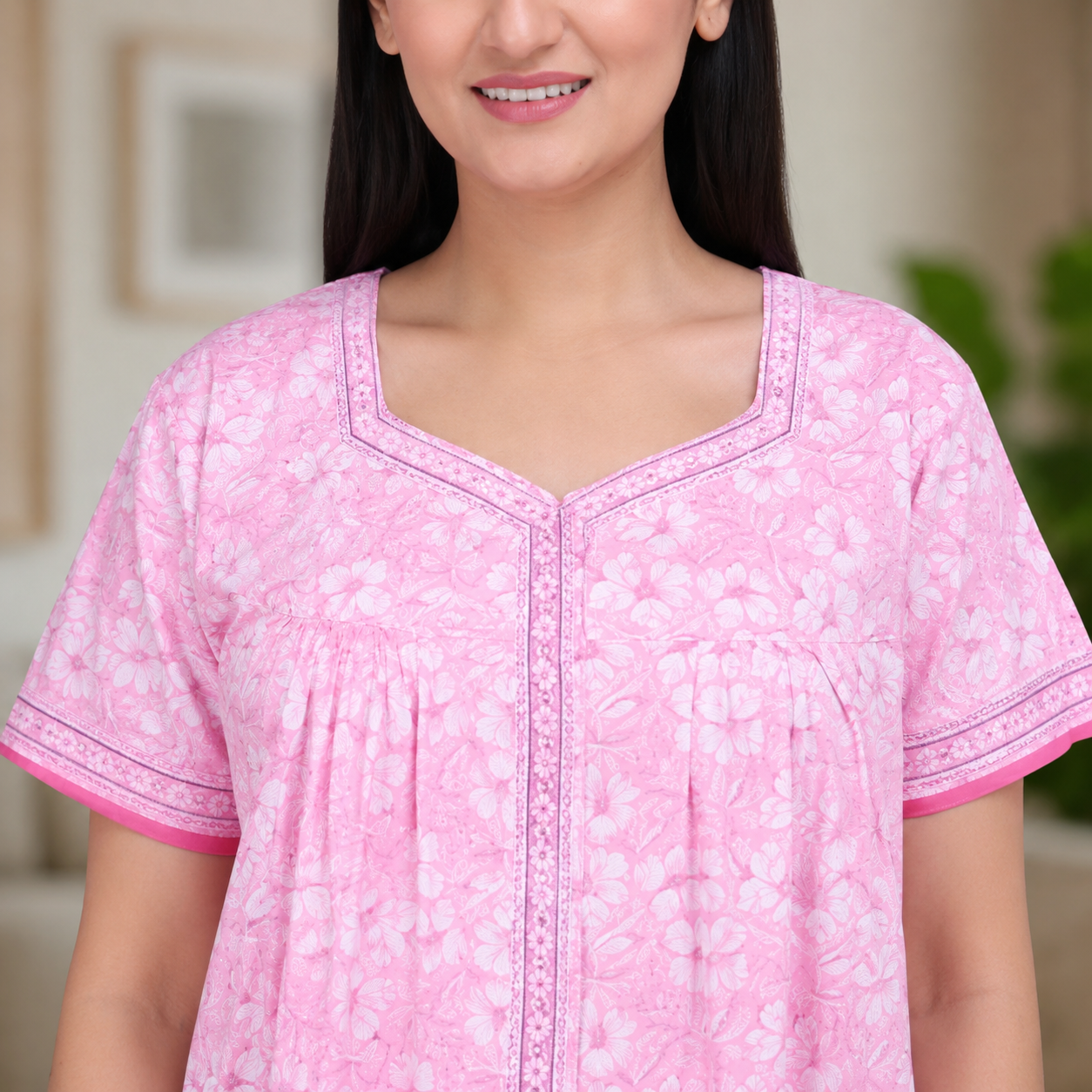 Pure Cotton Pink Carnation Full Front Open Nighty