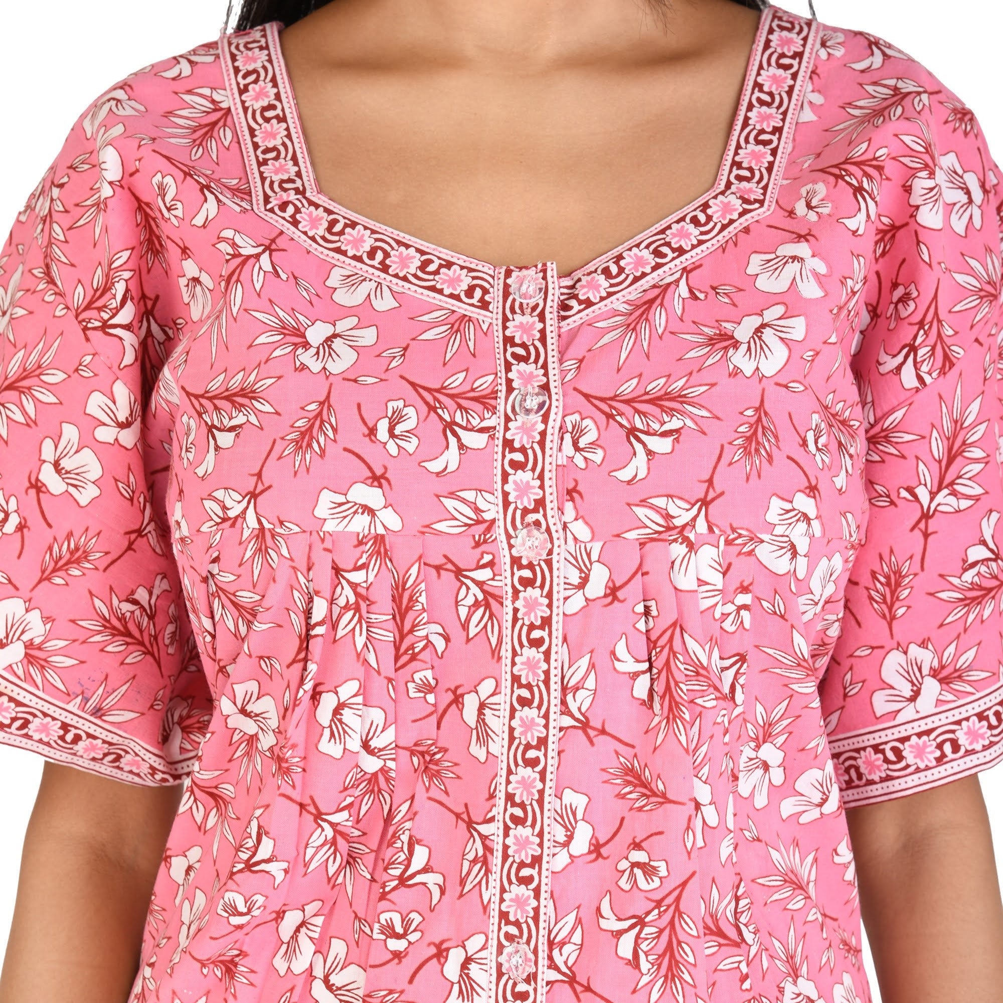 Pure Cotton Rose Pink Carnation Full Front Open Nighty