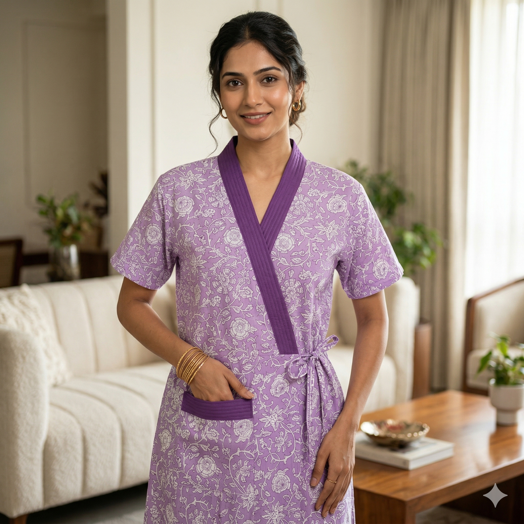 Pure Cotton Light Purple Carnation Housecoat