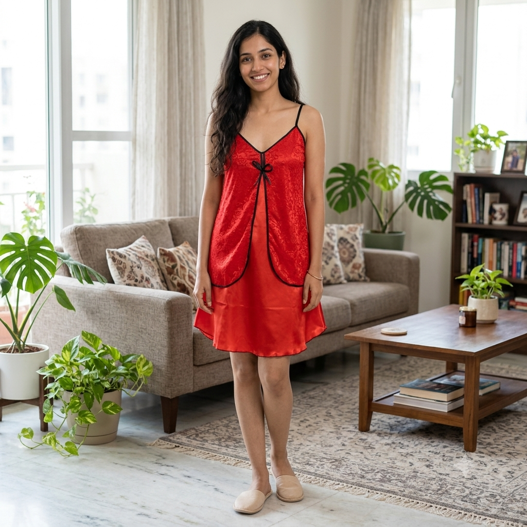 Fancy Crimson Red Sleepwear Nighty With Panty Set