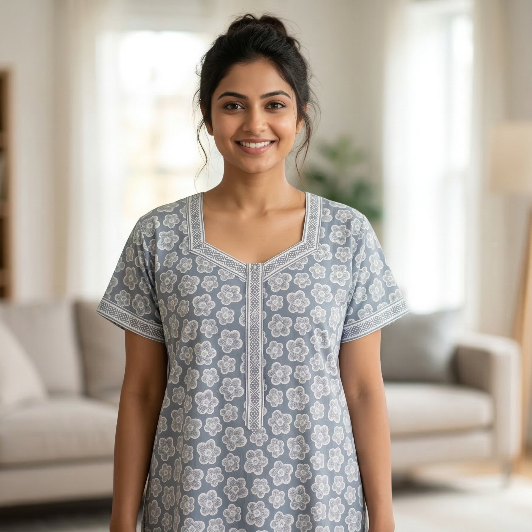 Pure Cotton A-Line Light Blue Tulip Nighty