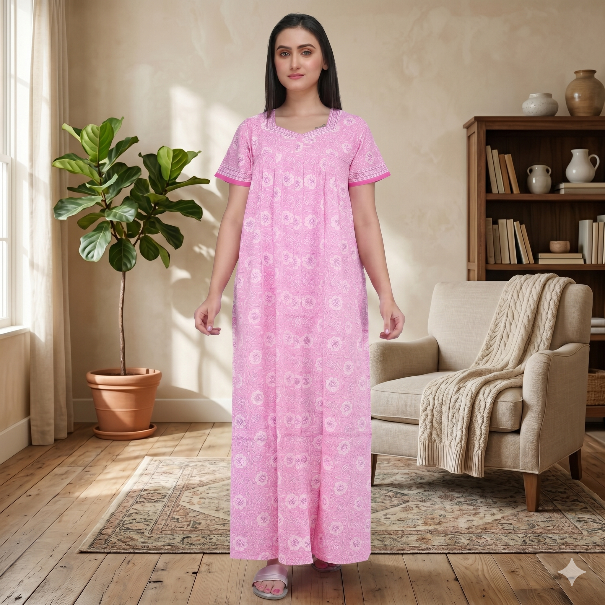 Pure Cotton Light Pink Carnation Full Front Open Nighty