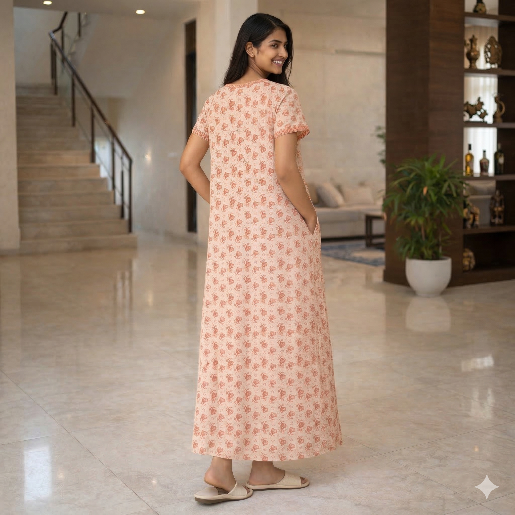 Pure Cotton A-Line Light Orange Orchid Nighty