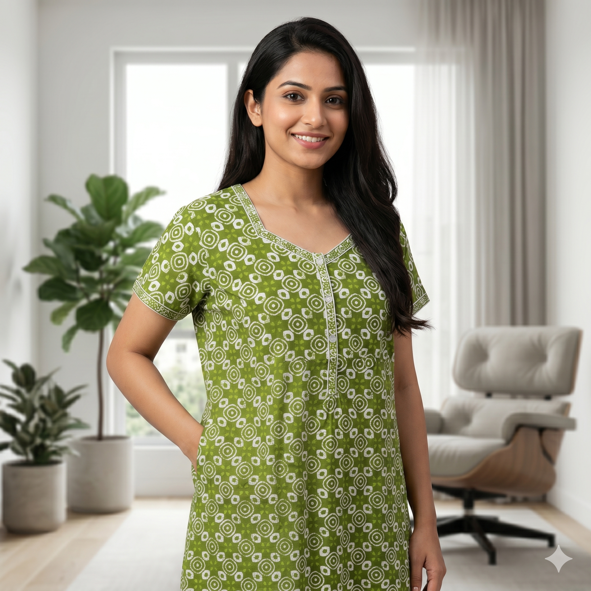 Pure Cotton A-Line Green Rose Nighty