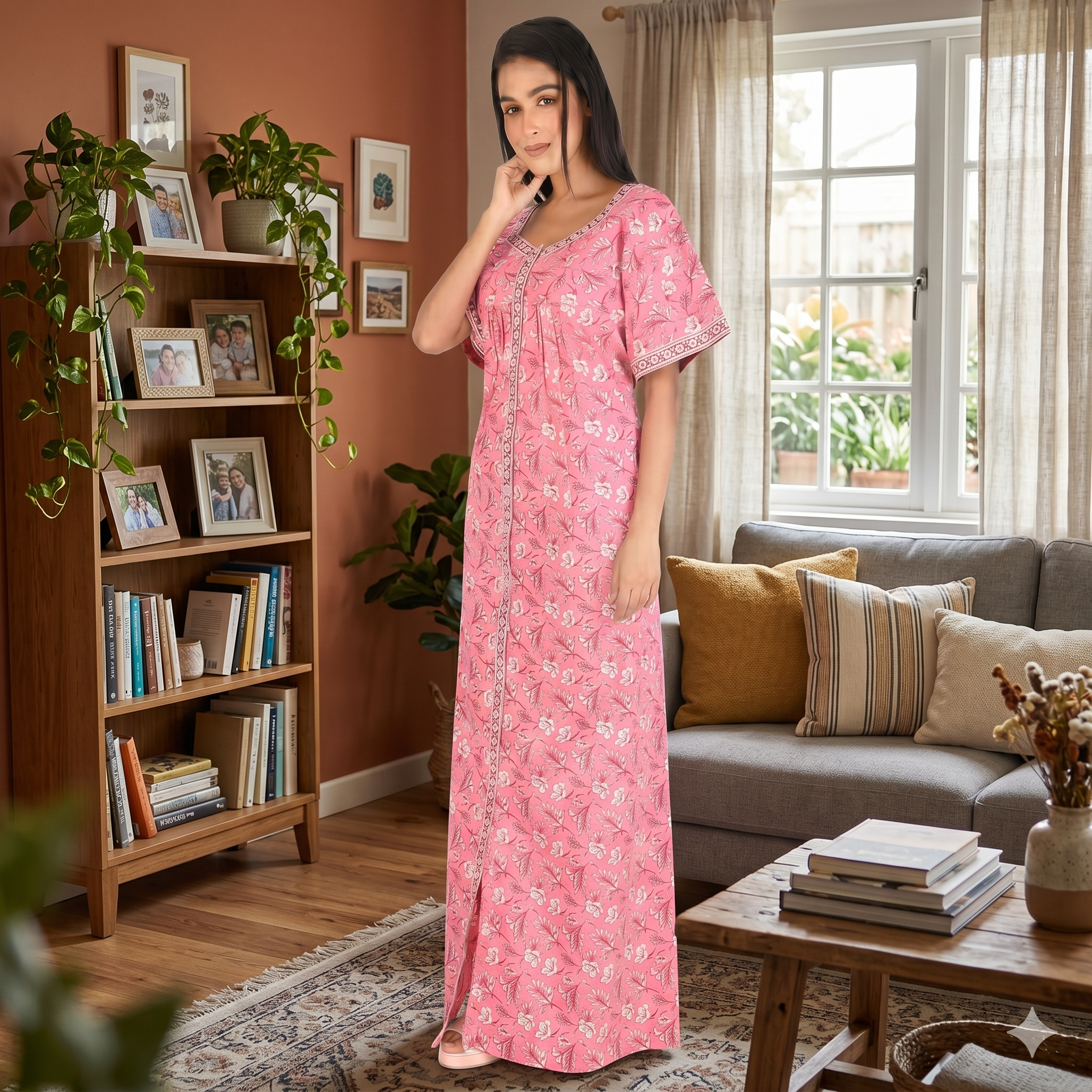 Pure Cotton Rose Pink Carnation Full Front Open Nighty