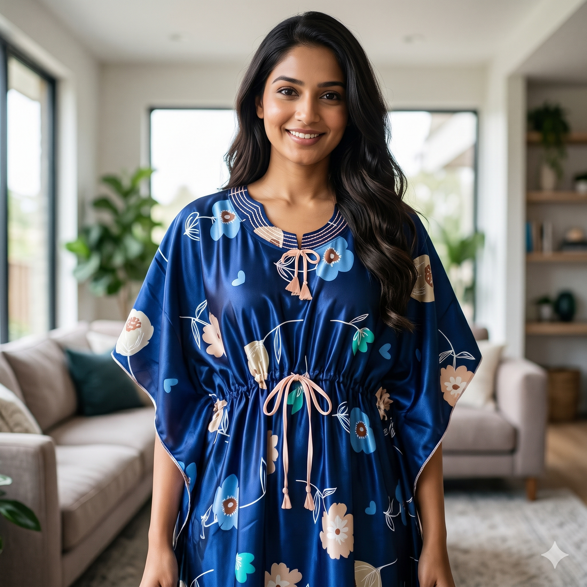 Satin Royal Blue Daisy Kaftan Nighty