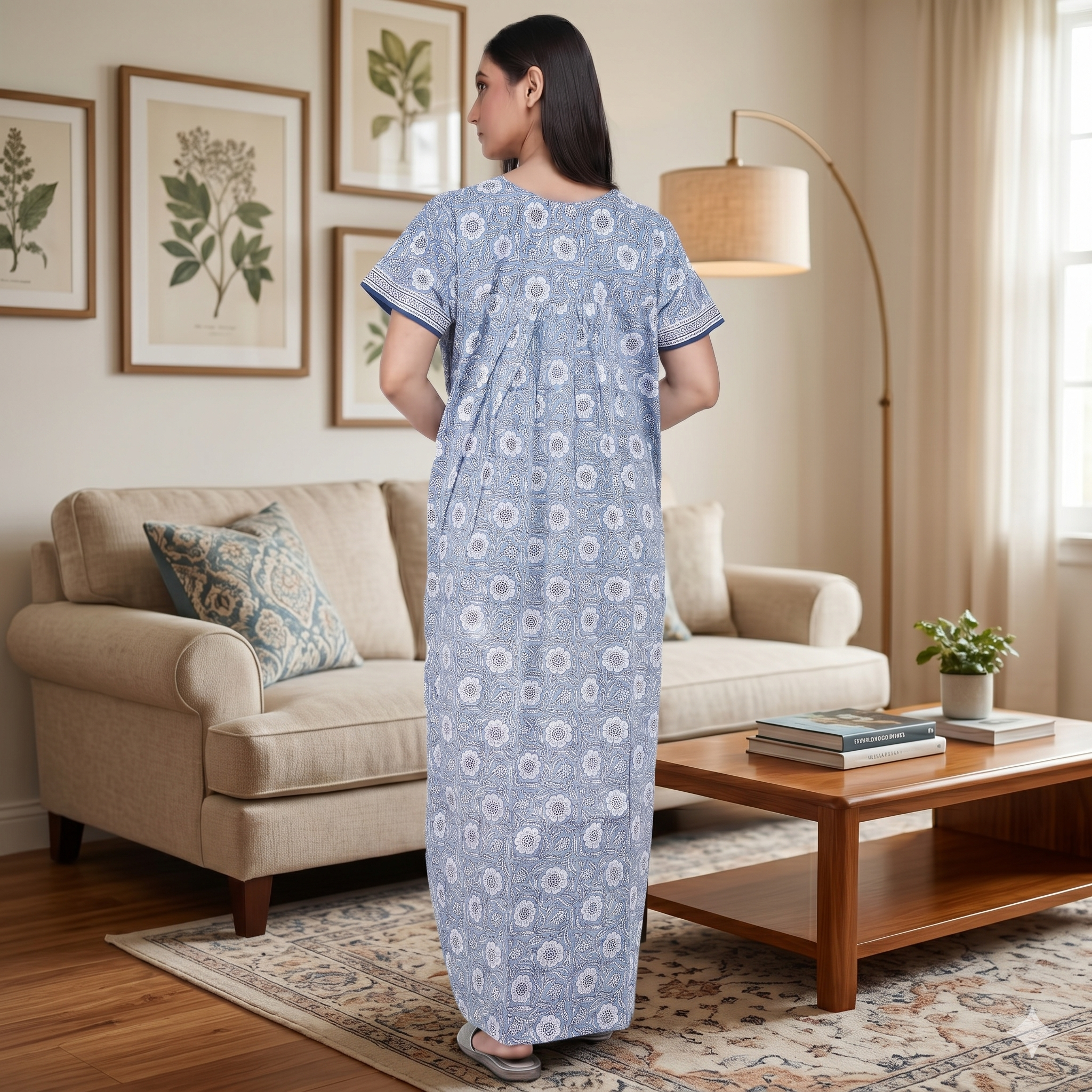 Pure Cotton Light Blue Carnation Full Front Open Nighty