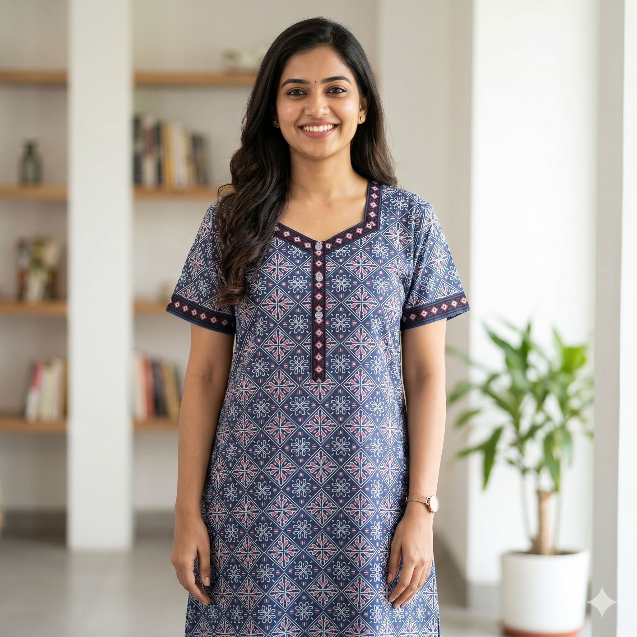 Pure Cotton A-Line Deep Blue Stock Nighty