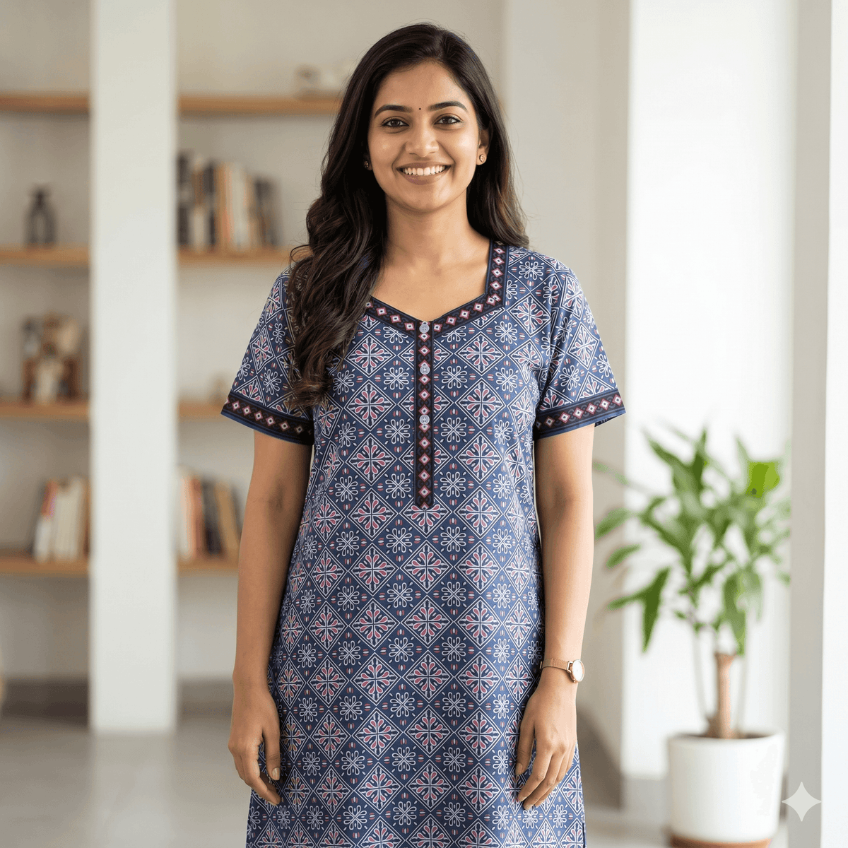 Pure Cotton A-Line Deep Blue Stock Nighty
