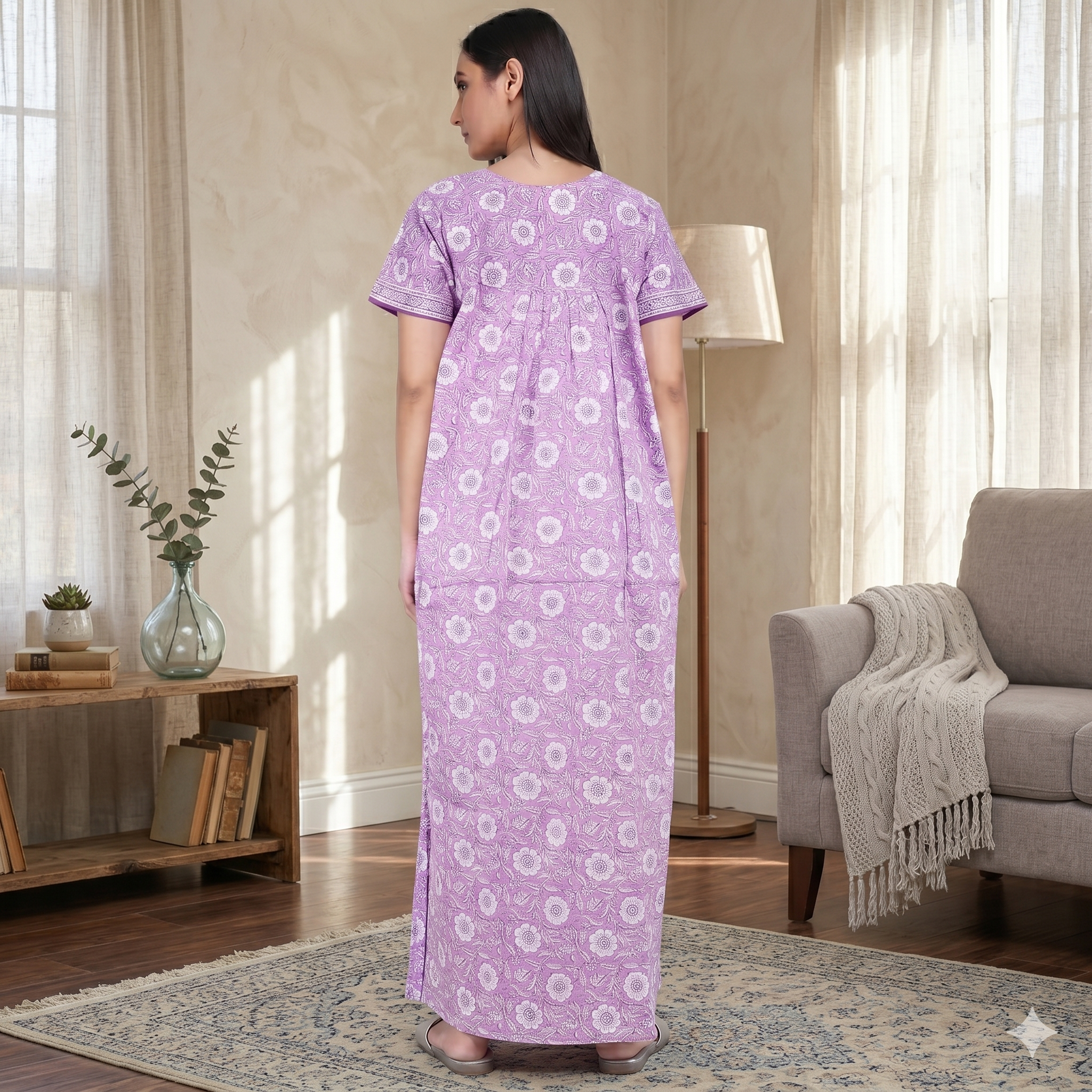 Pure Cotton Light Purple Carnation Full Front Open Nighty