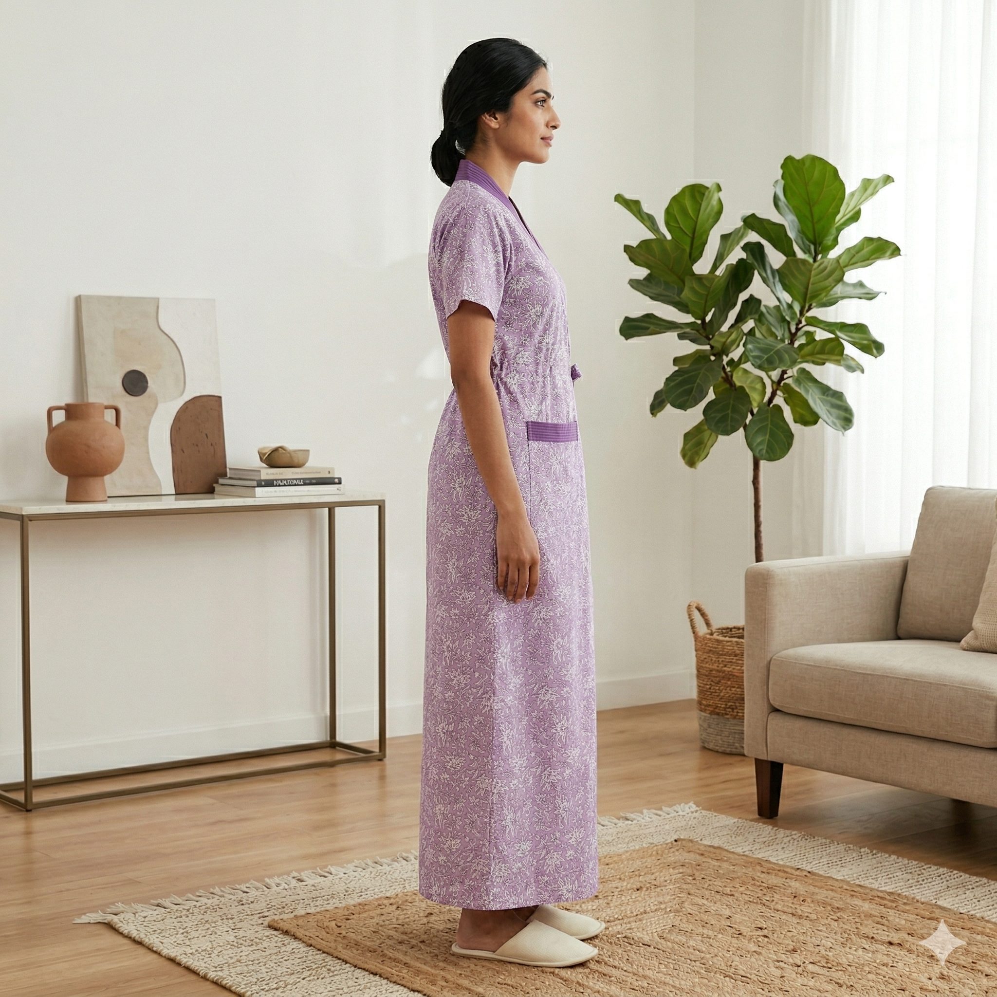 Pure Cotton Light Purple Peony Housecoat