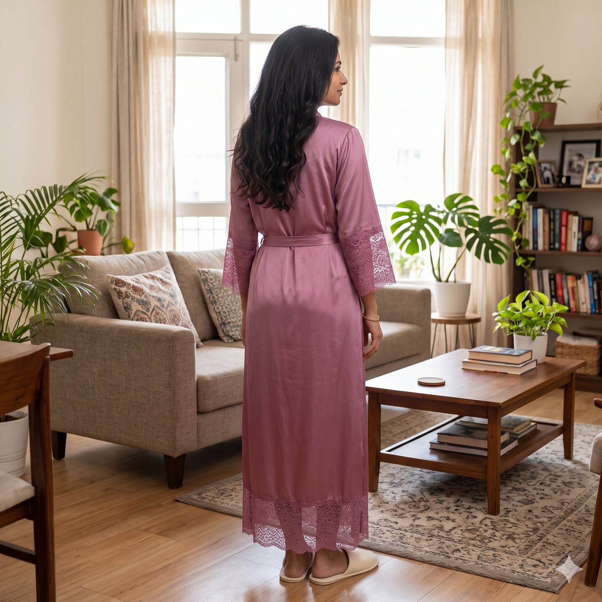 Satin Light Pink Daffodils 2pc Set Housecoat