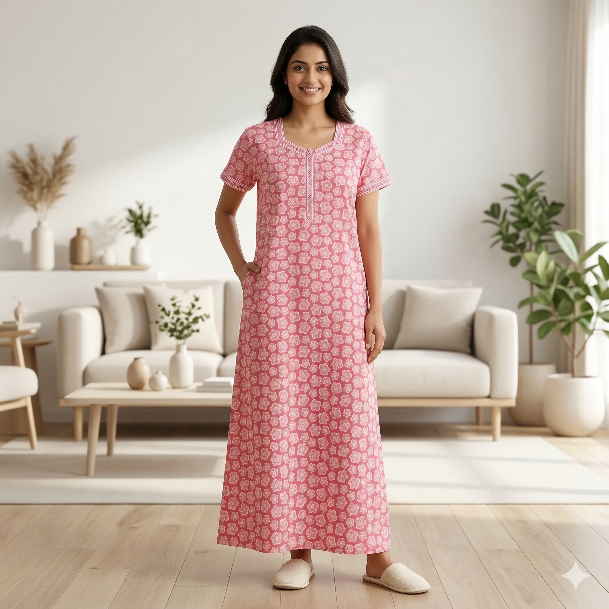 Pure Cotton A-Line Pink Tulip Nighty