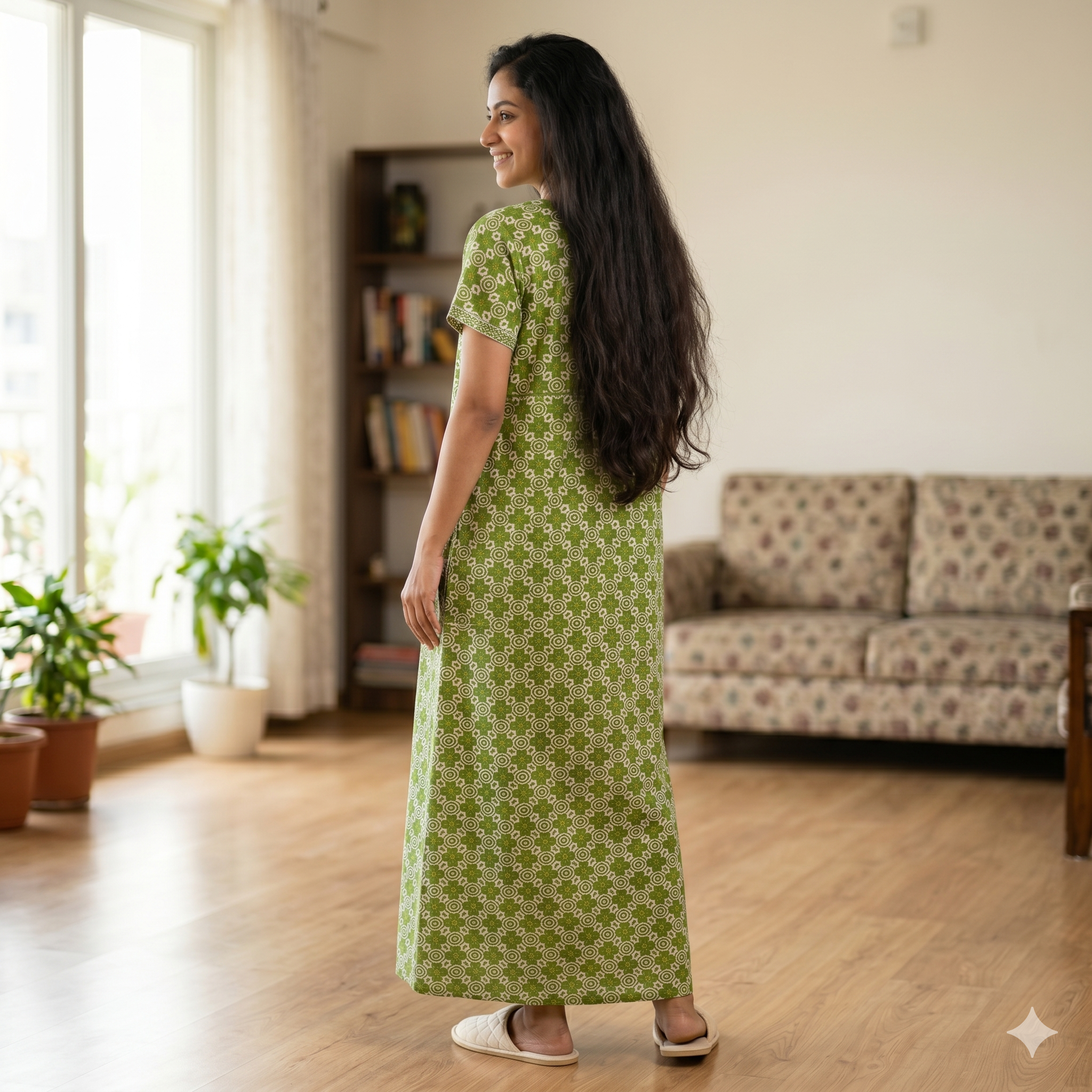 Pure Cotton A-Line Green Rose Nighty