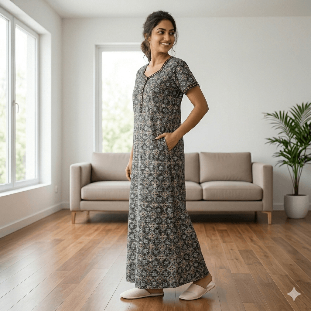 Pure Cotton A-Line Green Stock Nighty