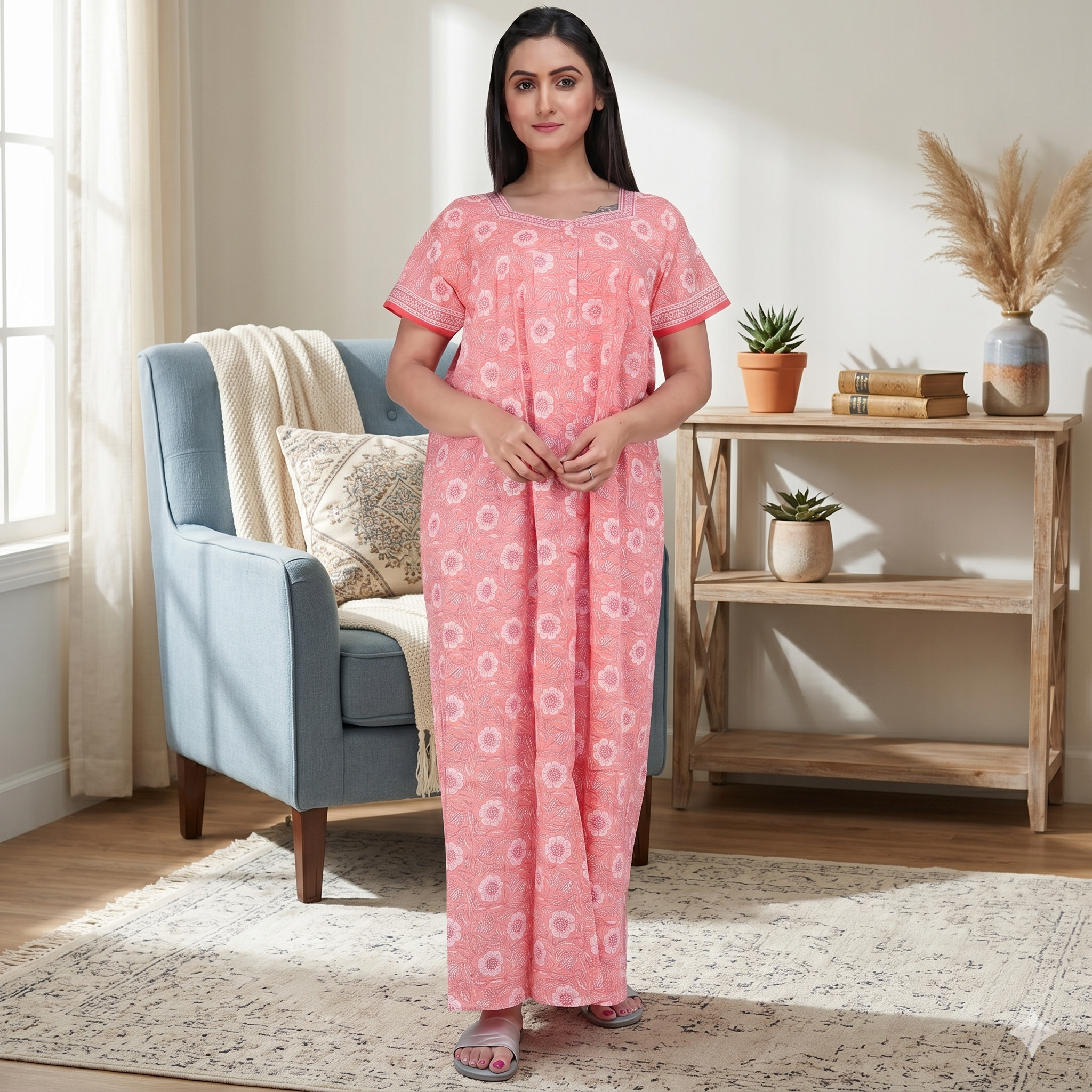 Pure Cotton Light Peach Carnation Full Front Open Nighty