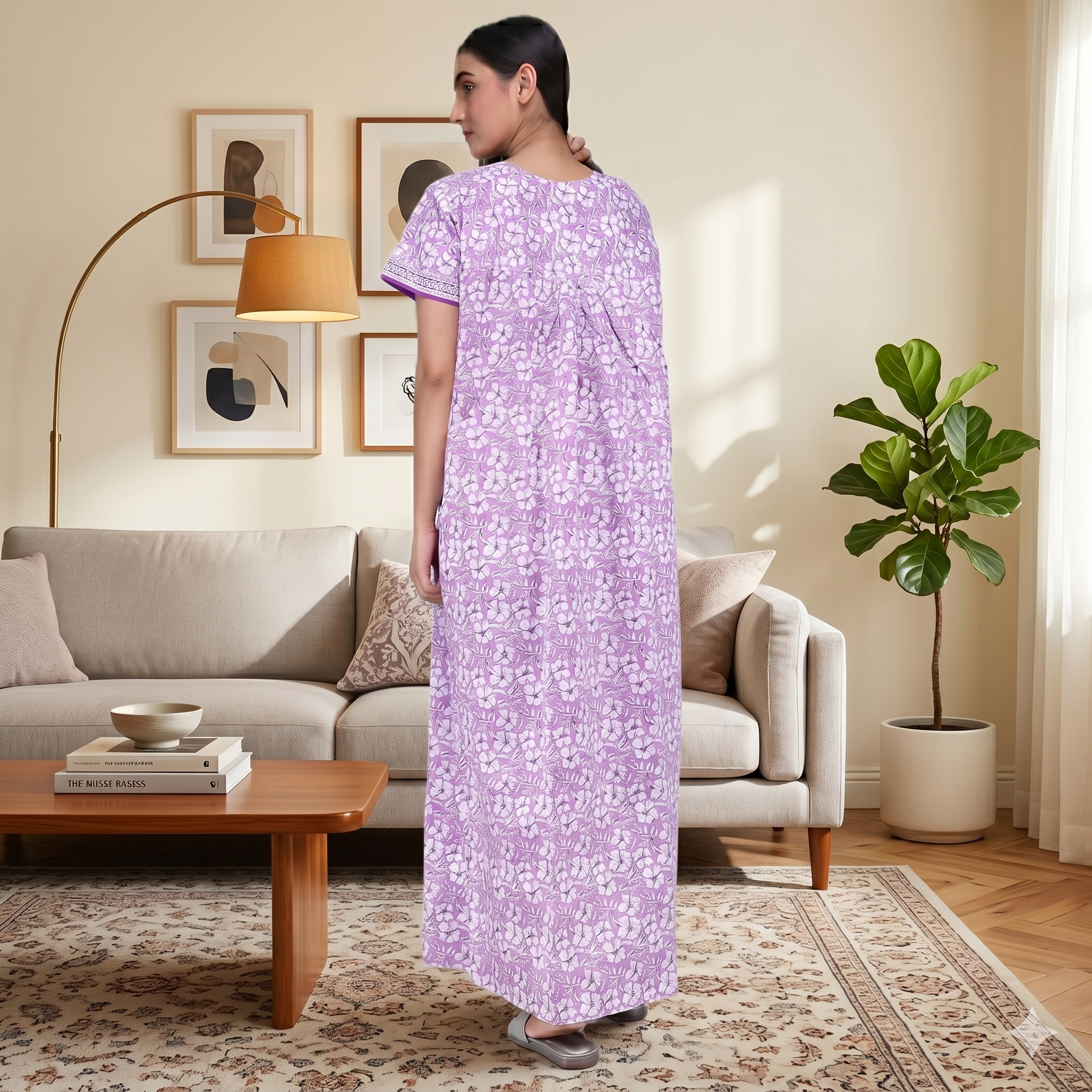 Pure Cotton Purple Carnation Full Front Open Nighty
