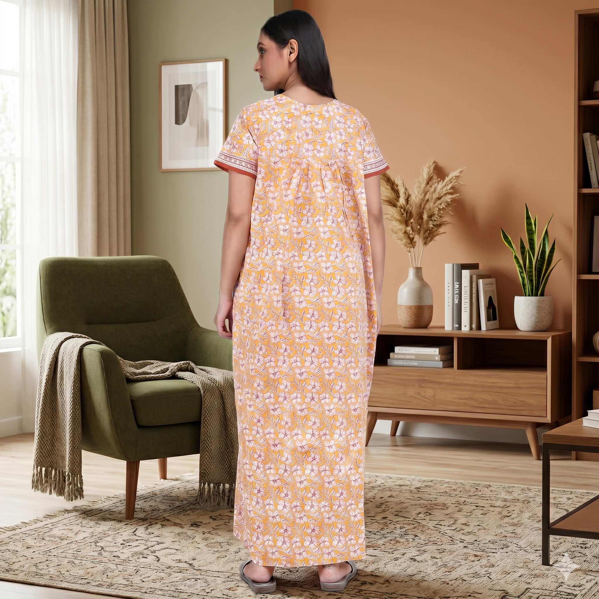 Pure Cotton Yellow Carnation Full Front Open Nighty