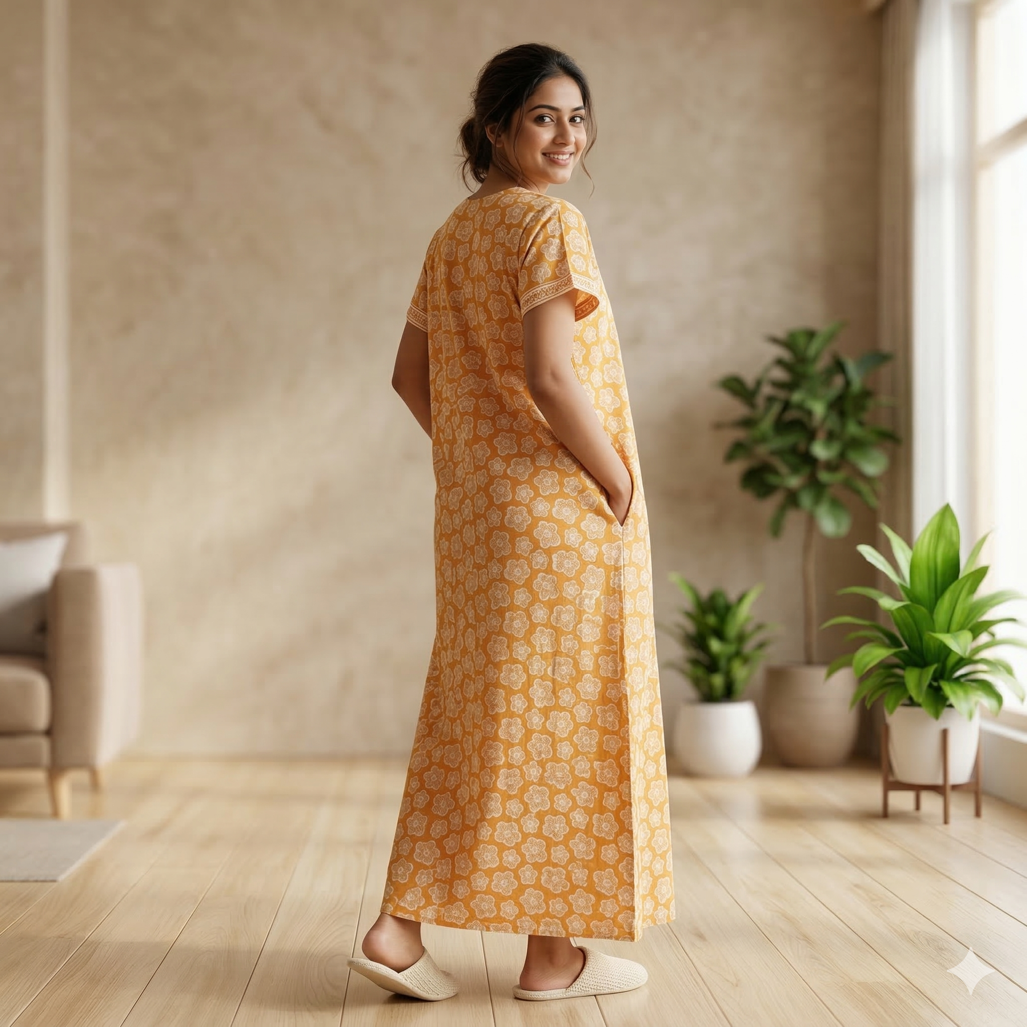 Pure Cotton A-Line Yellow Tulip Nighty