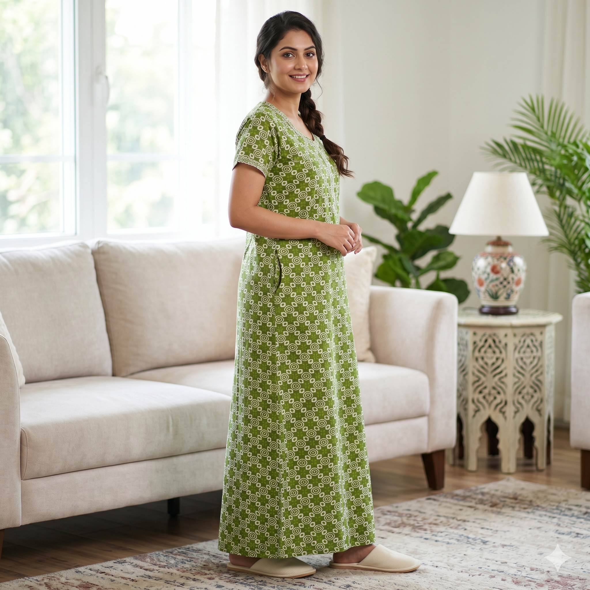 Pure Cotton A-Line Green Rose Nighty